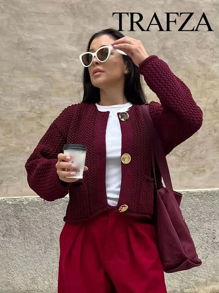 Women Vintage Wine Red Sweater Cardigan