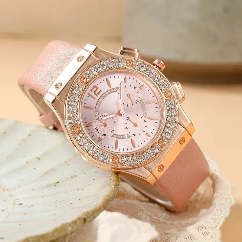 2PCS Set Pink Luxury Rhinestone Watches