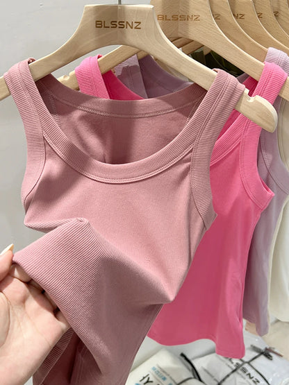 Women Solid Round Neck Ribbed Tank Top