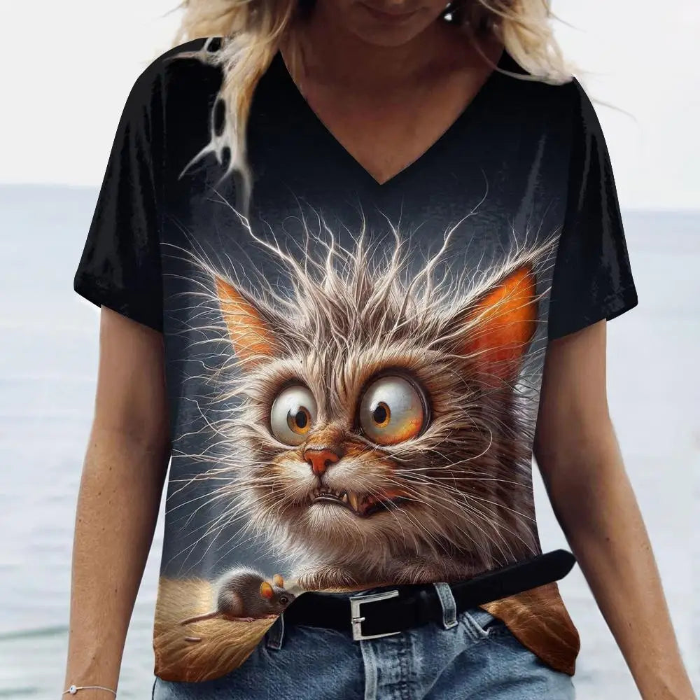 T Shirt Cat Print Casual Short Sleeve