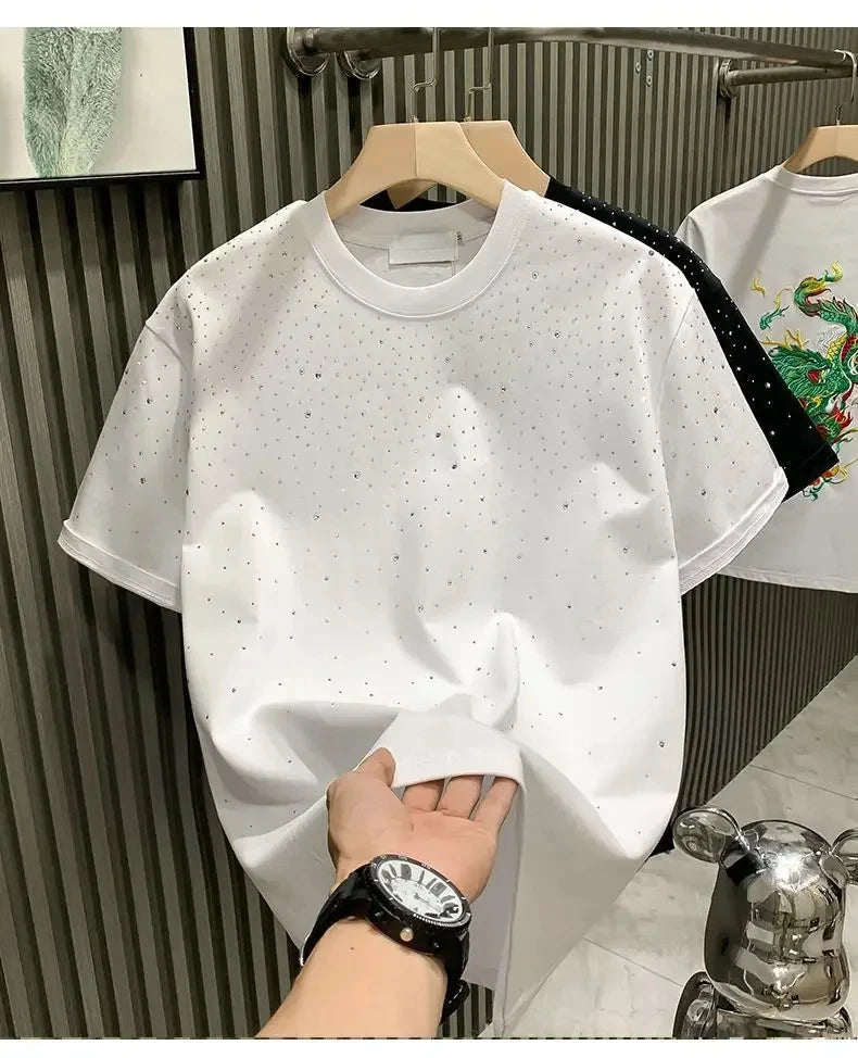 Summer Rhinestone Rivet T-shirt Round Neck