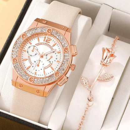 2PCS Set Pink Luxury Rhinestone Watches