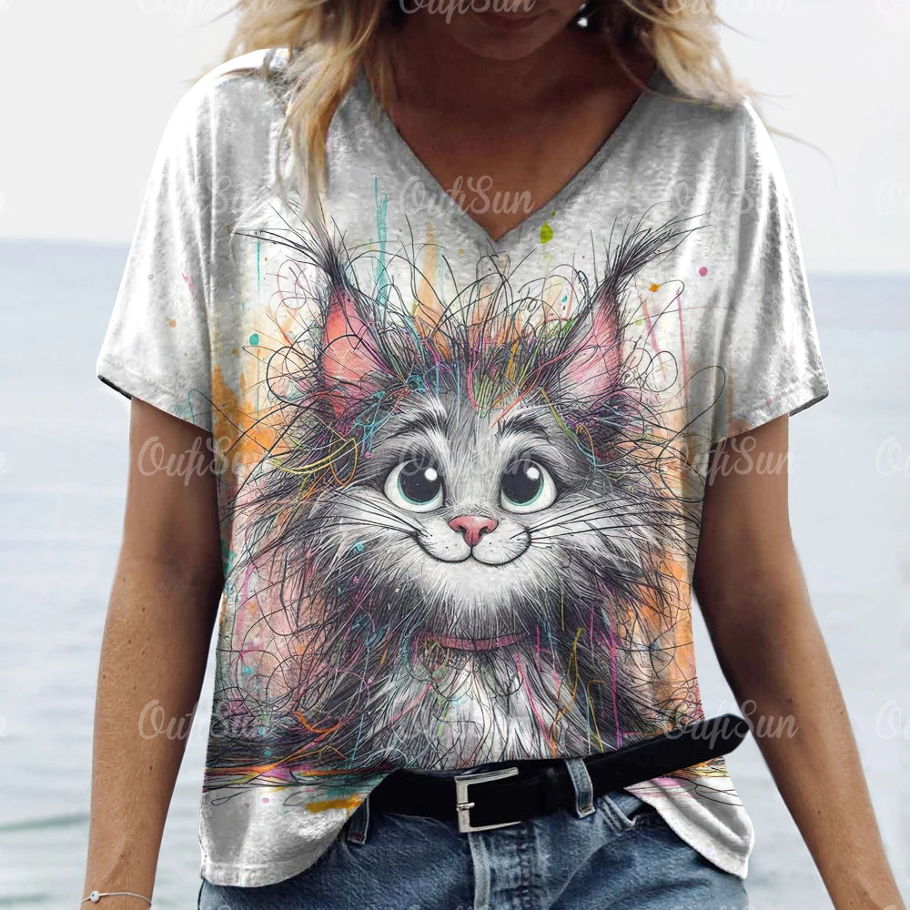 T Shirt Cat Print Casual Short Sleeve