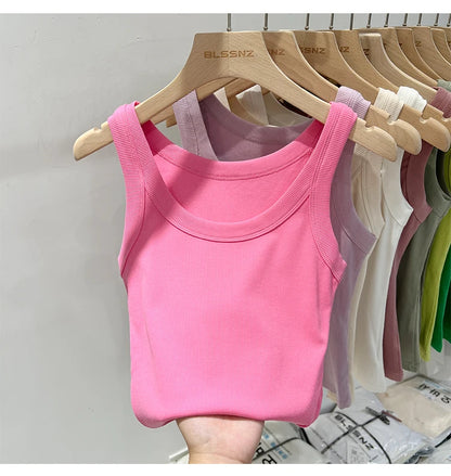 Women Solid Round Neck Ribbed Tank Top