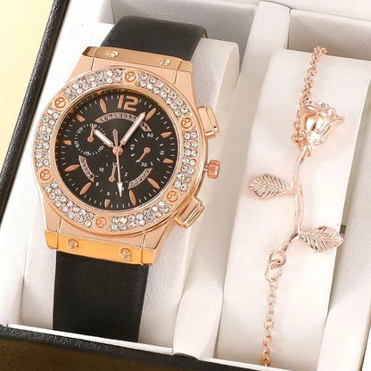 2PCS Set Pink Luxury Rhinestone Watches