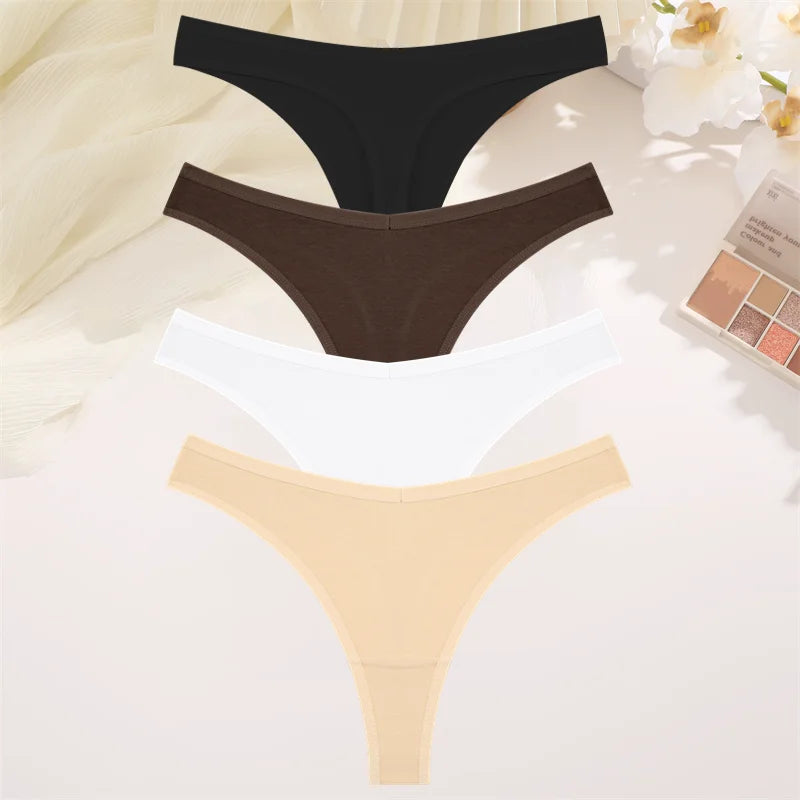 4PCS Women Cotton Thongs Female Sexy Low Waist Panties