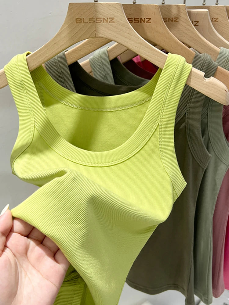 Women Solid Round Neck Ribbed Tank Top