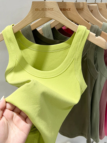 Women Solid Round Neck Ribbed Tank Top