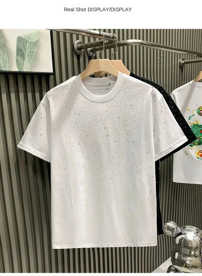 Summer Rhinestone Rivet T-shirt Round Neck