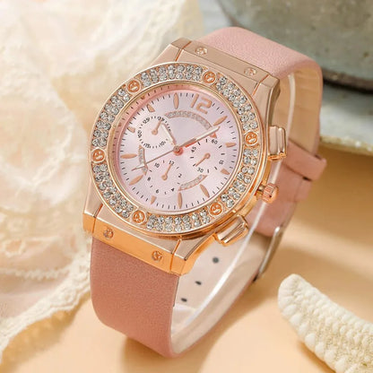 2PCS Set Pink Luxury Rhinestone Watches