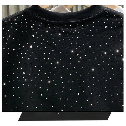 Summer Rhinestone Rivet T-shirt Round Neck