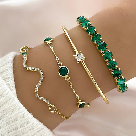 4Pcs/Set Fashion Snake Green Gemstone Bangle