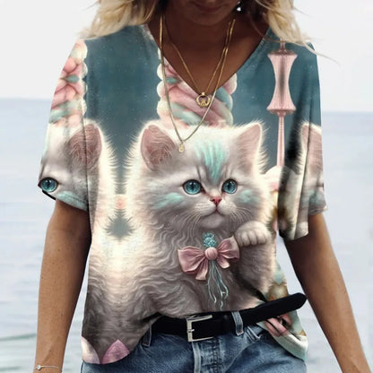 Women's T-shirt Cat Printed Short Sleeve