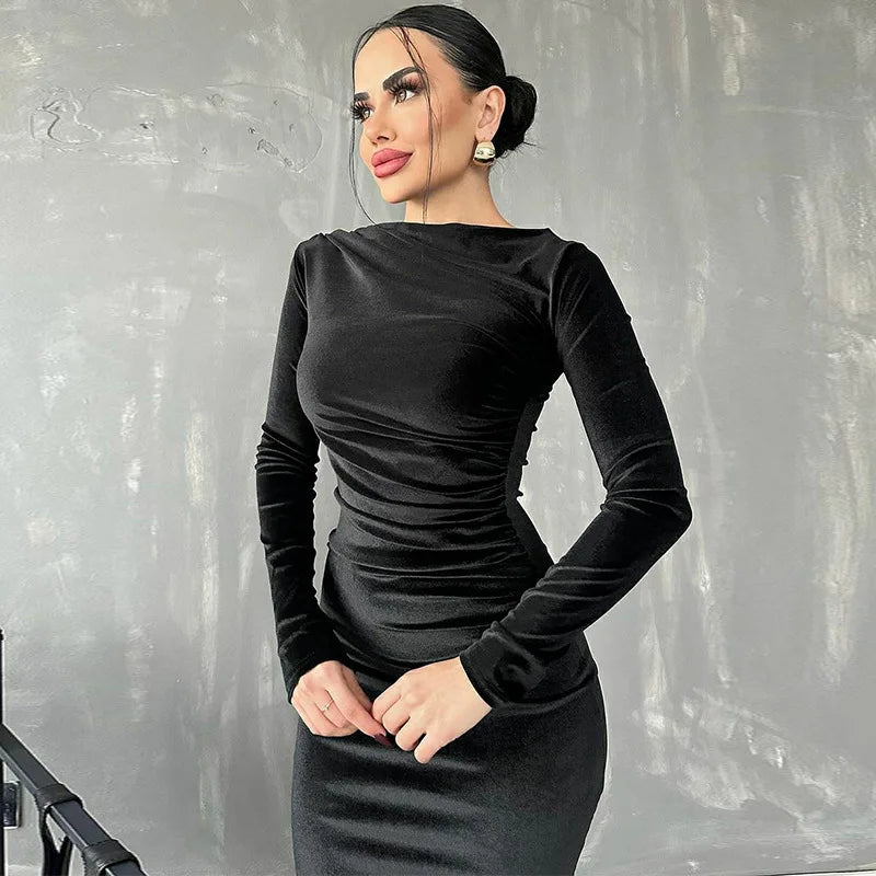 Velvet Long Sleeve Midi Dress