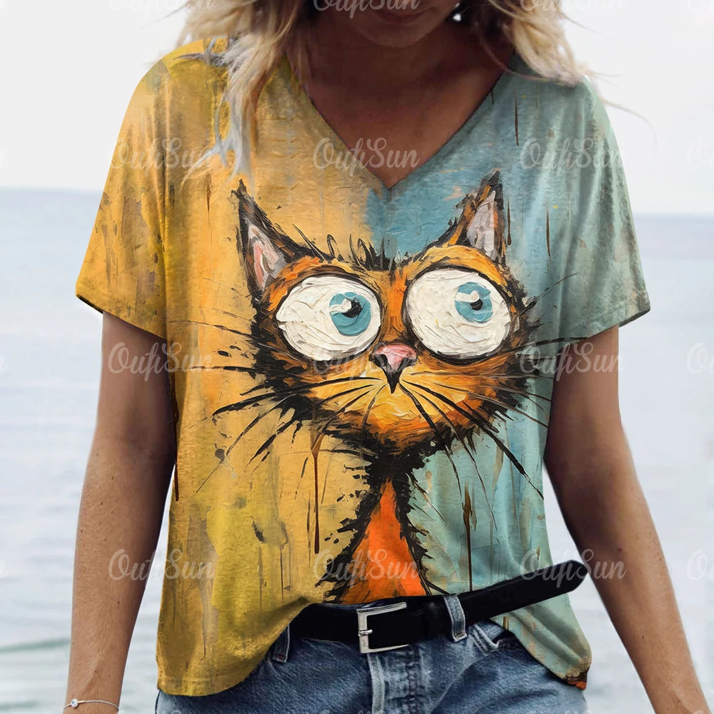 T Shirt Cat Print Casual Short Sleeve