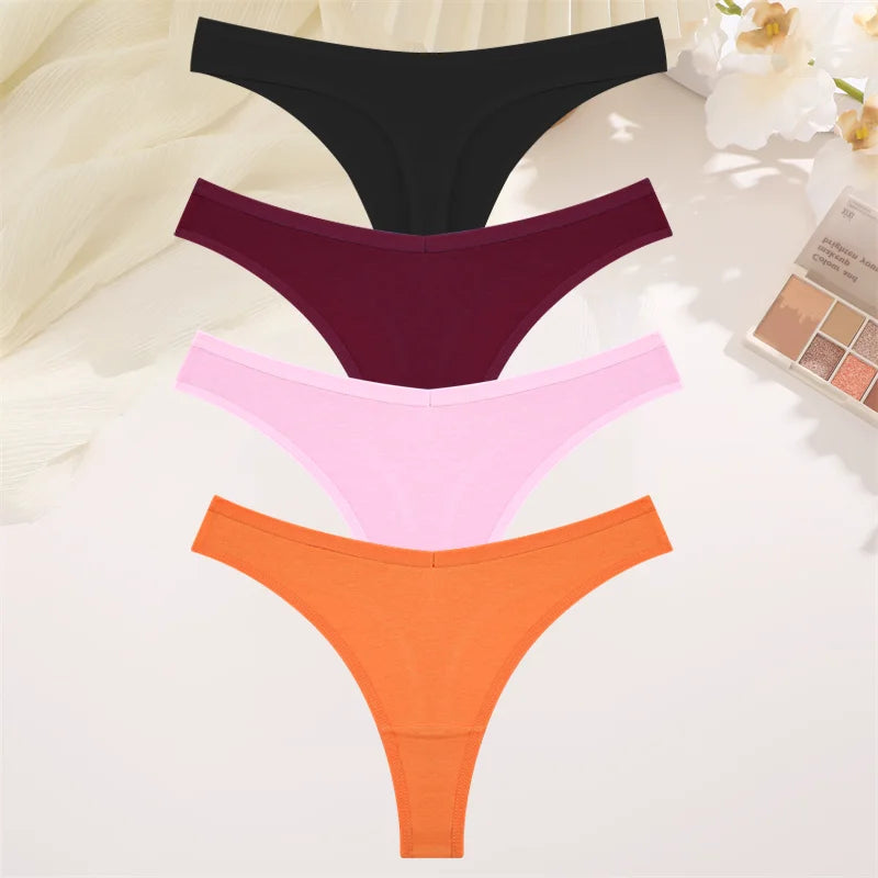 4PCS Women Cotton Thongs Female Sexy Low Waist Panties