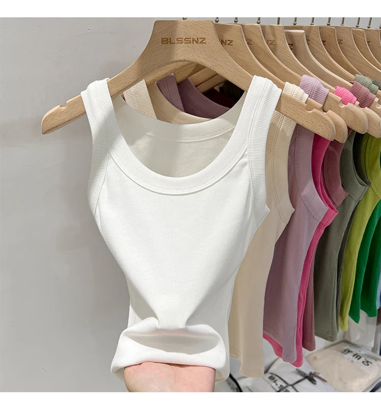 Women Solid Round Neck Ribbed Tank Top