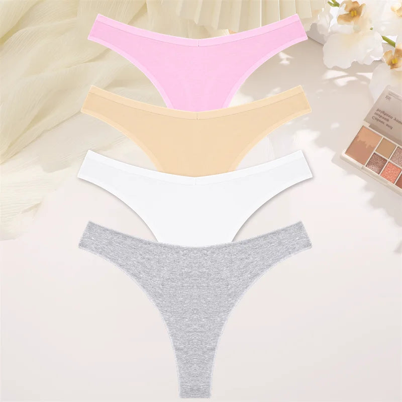 4PCS Women Cotton Thongs Female Sexy Low Waist Panties