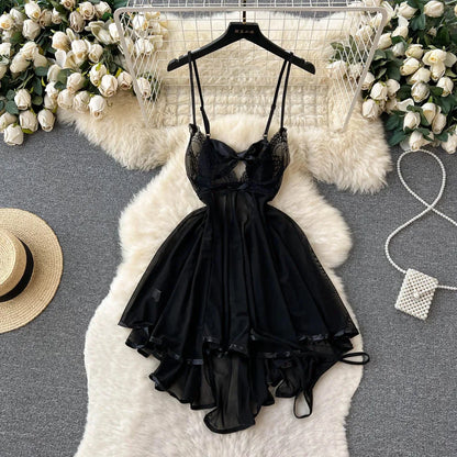 Deep V-neck Slim Fit High Waist Strap Dress Lace