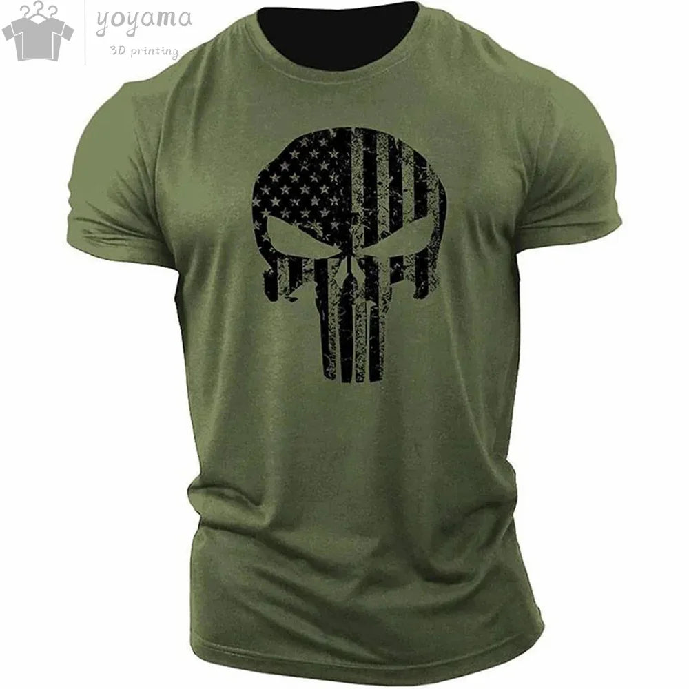 T Shirt 3d Print Military Patriotic Skull O-Neck