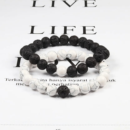 Set Bracelet Couples Distance Black White Natural Lava Stone