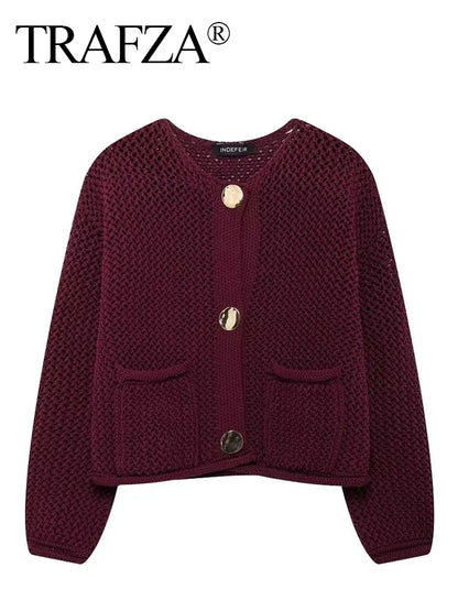 Women Vintage Wine Red Sweater Cardigan