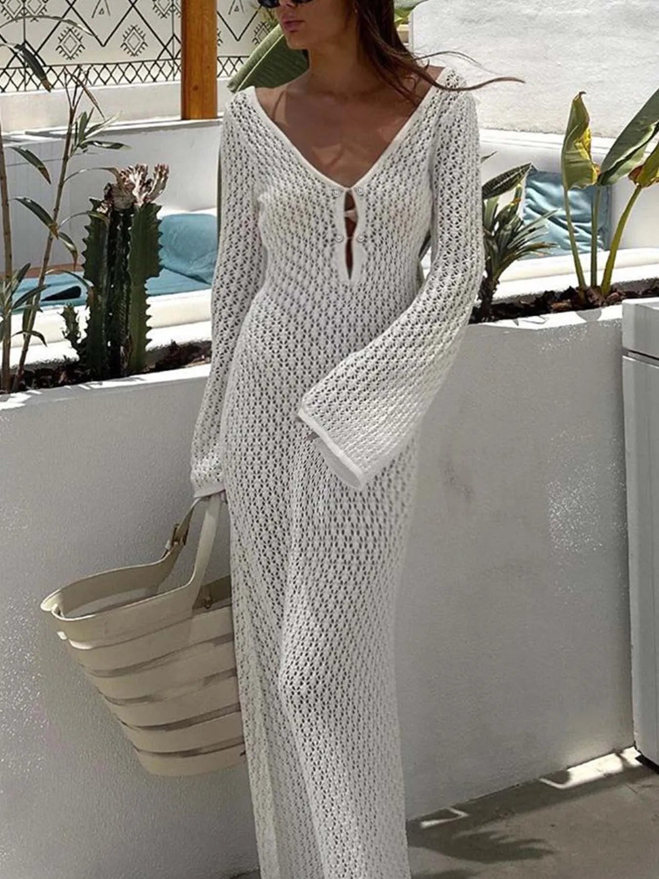 Sexy Women White Long Knit Sleeve