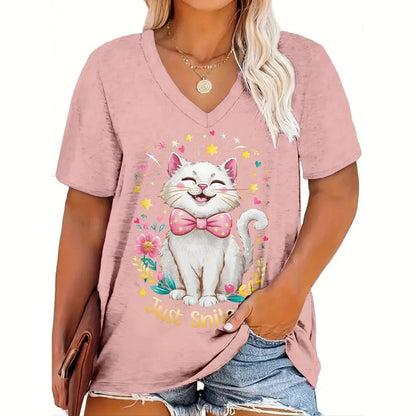 T Shirt Cat Print Casual Short Sleeve